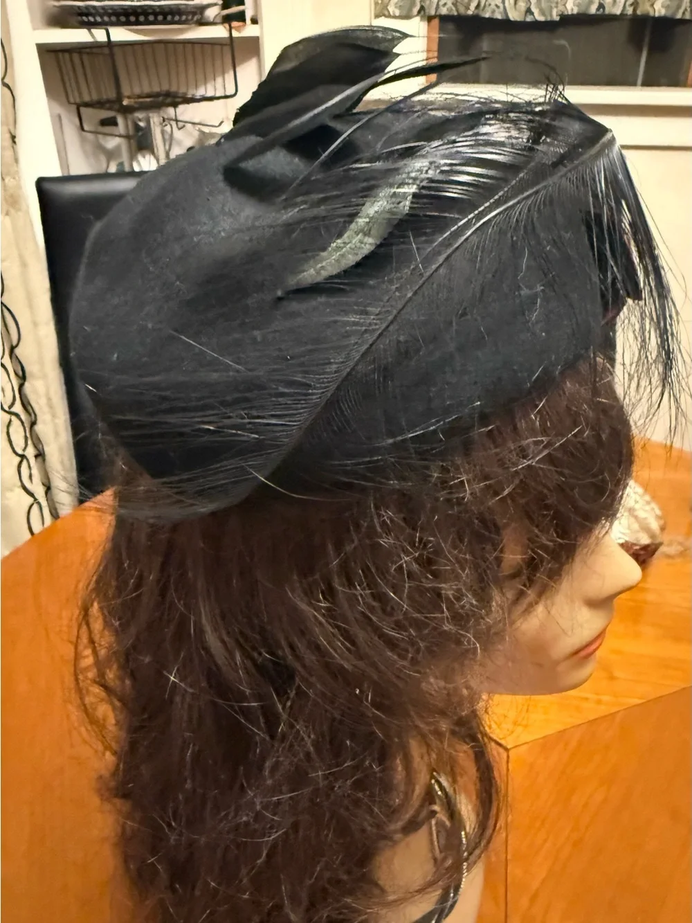 VINTAGE Miss Bierner Michael Howard Black Wool Hat Feather Rhinestone